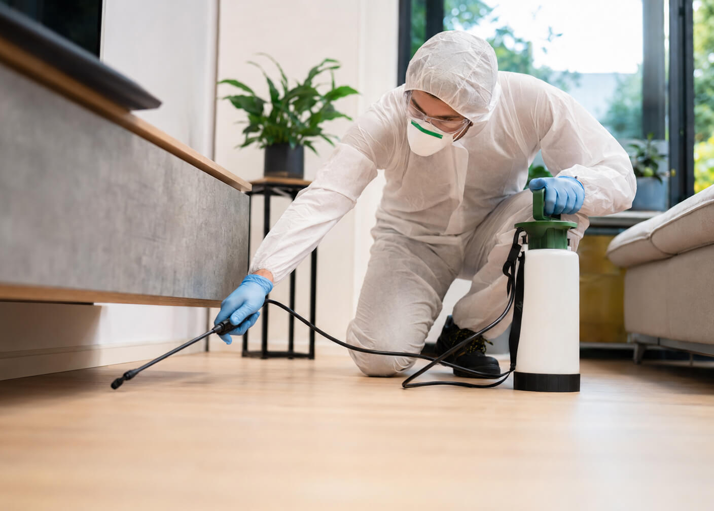 Pest control technician treating the exterior of a Sunshine Coast home